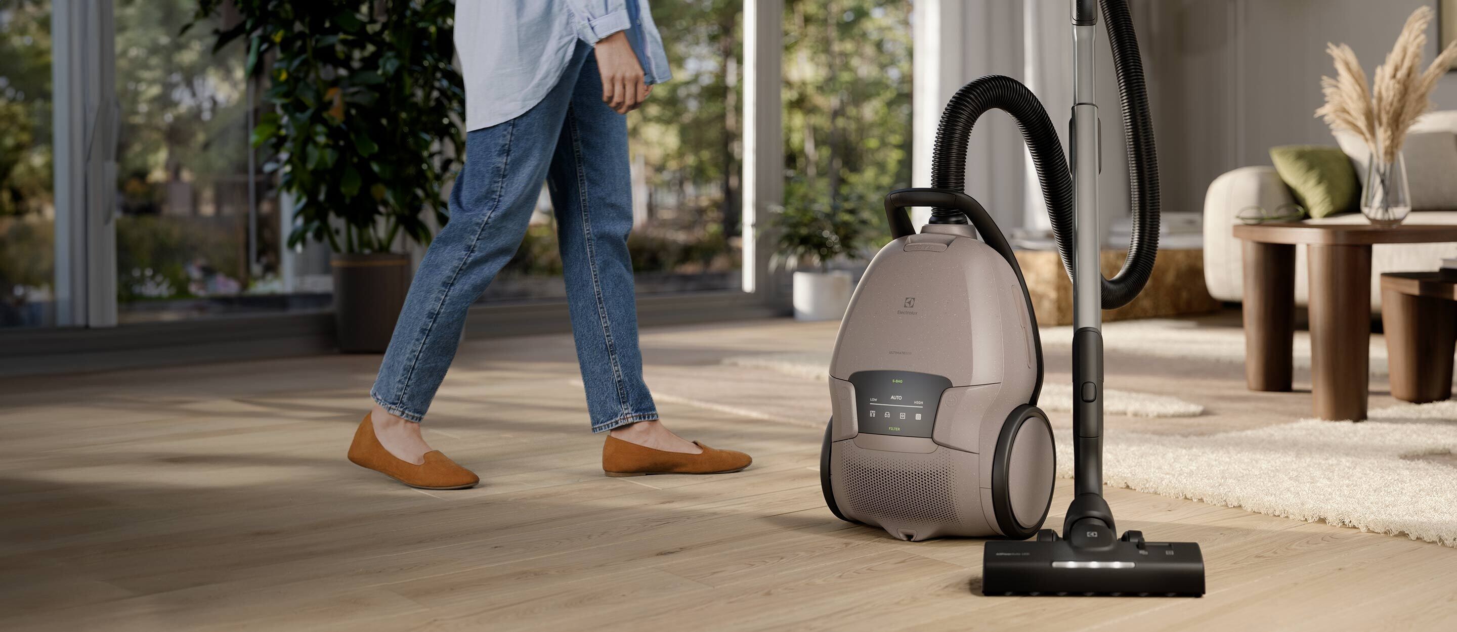 Electrolux dammsugare i ett vardagsrum med en kvinna och hund.