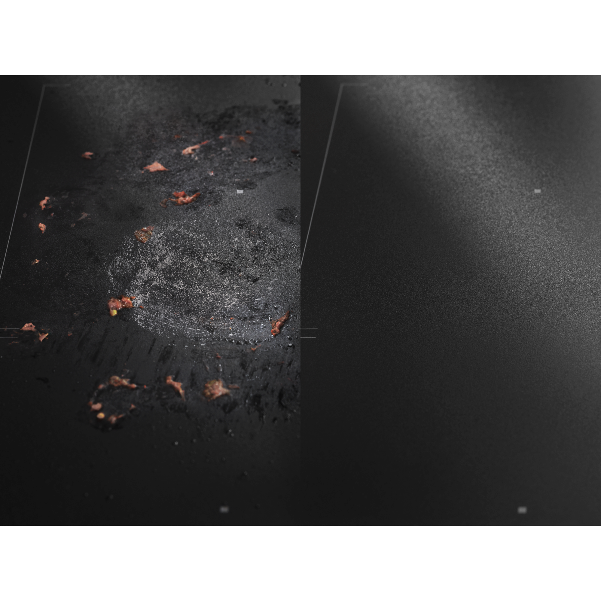 Before-and-after comparison showing Hob Cleaner removing a tomato stain from the hob surface.
