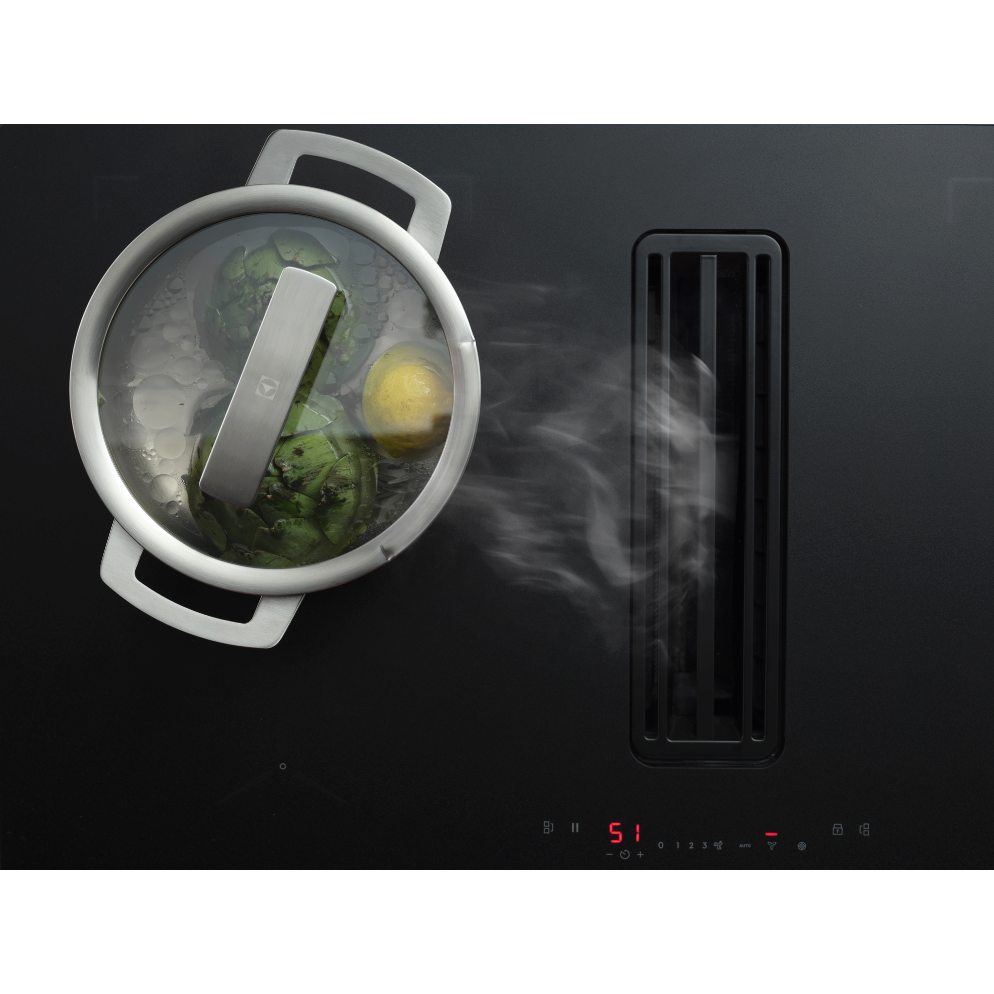 Glass lid for cooking visibility with vent for steam to exit.