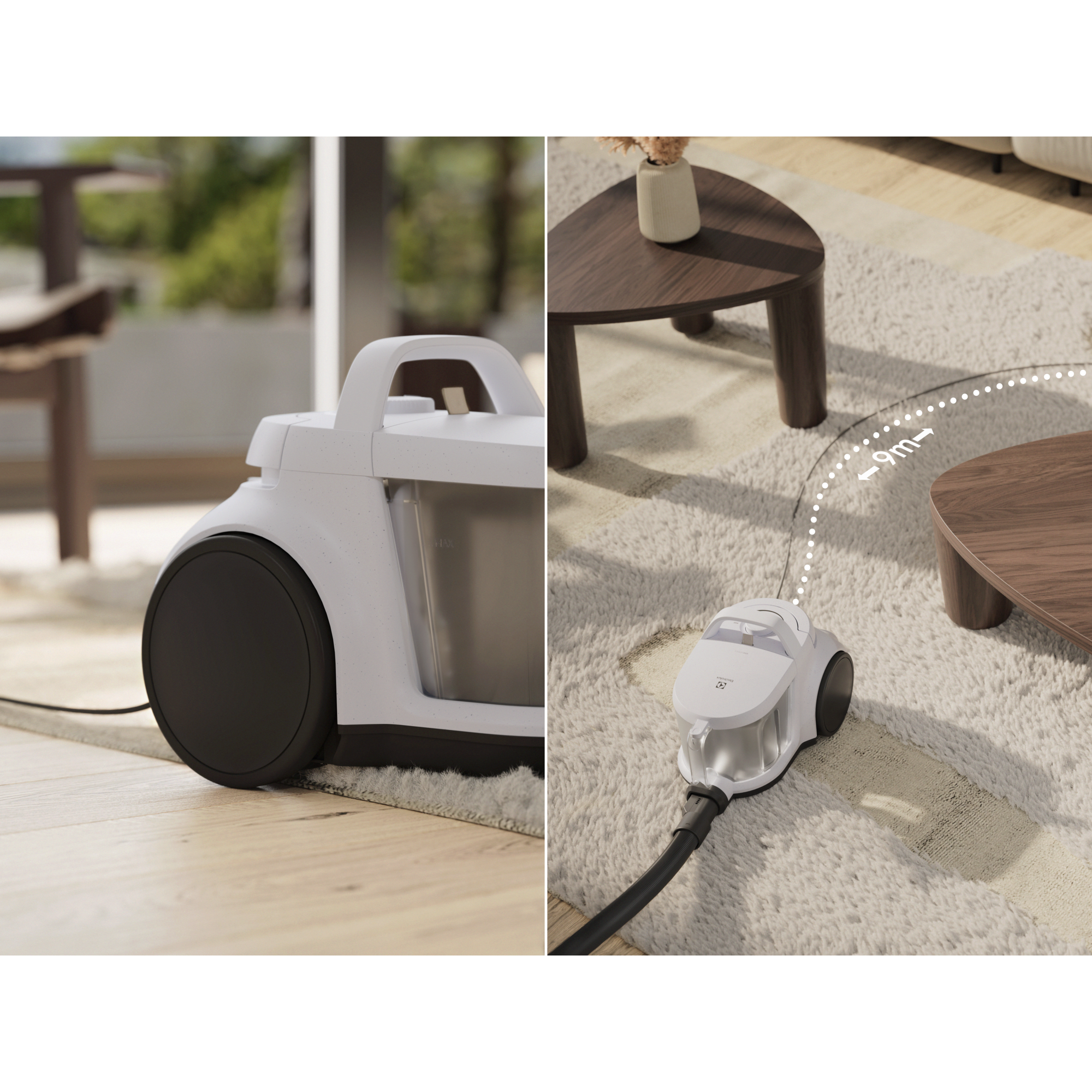 Easy to move, Easy to store, Big wheels and 9m cord for high mobility. Compact for easy storage