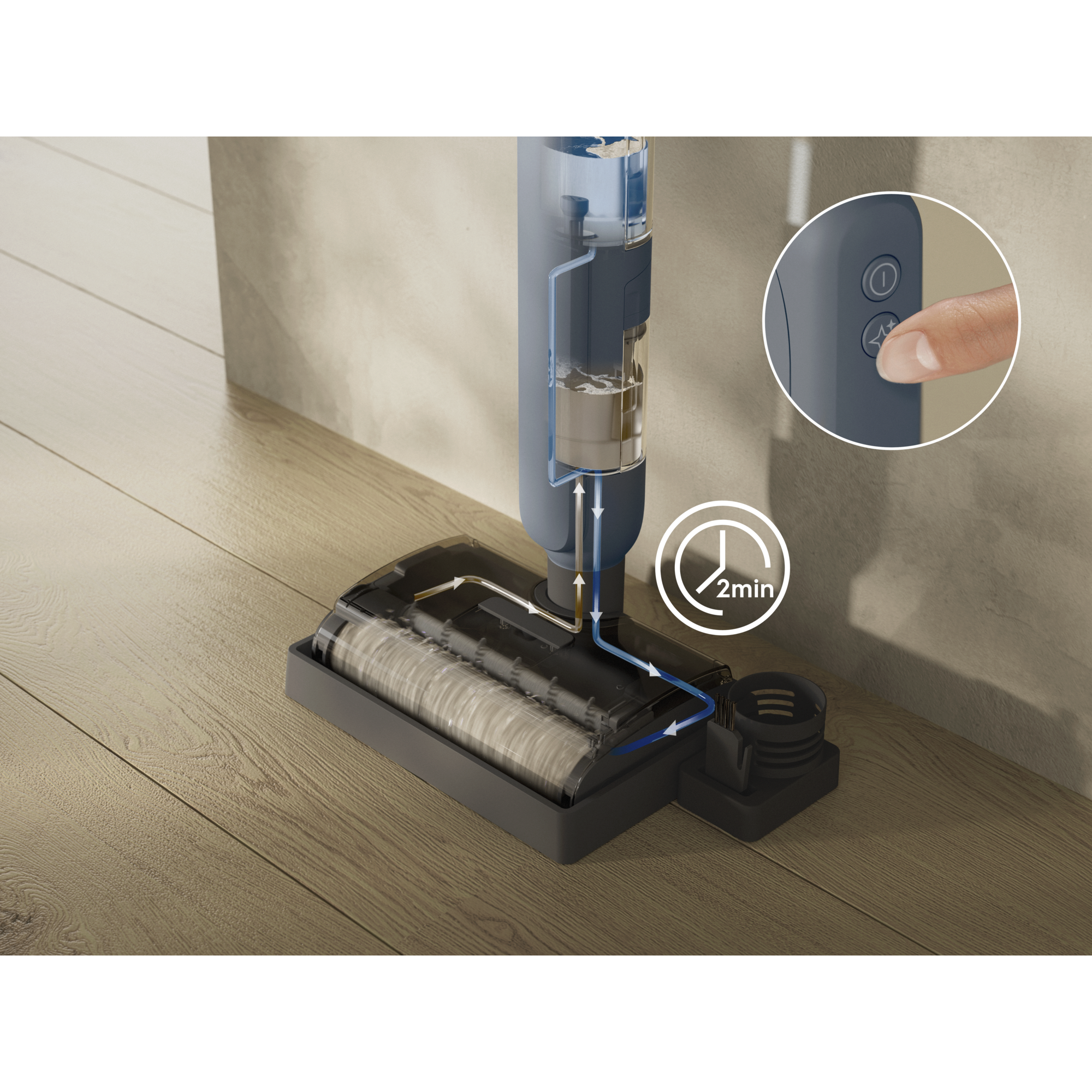 After use, the automatic self-cleaning refreshes the brush roll with clean water in just 2 minutes