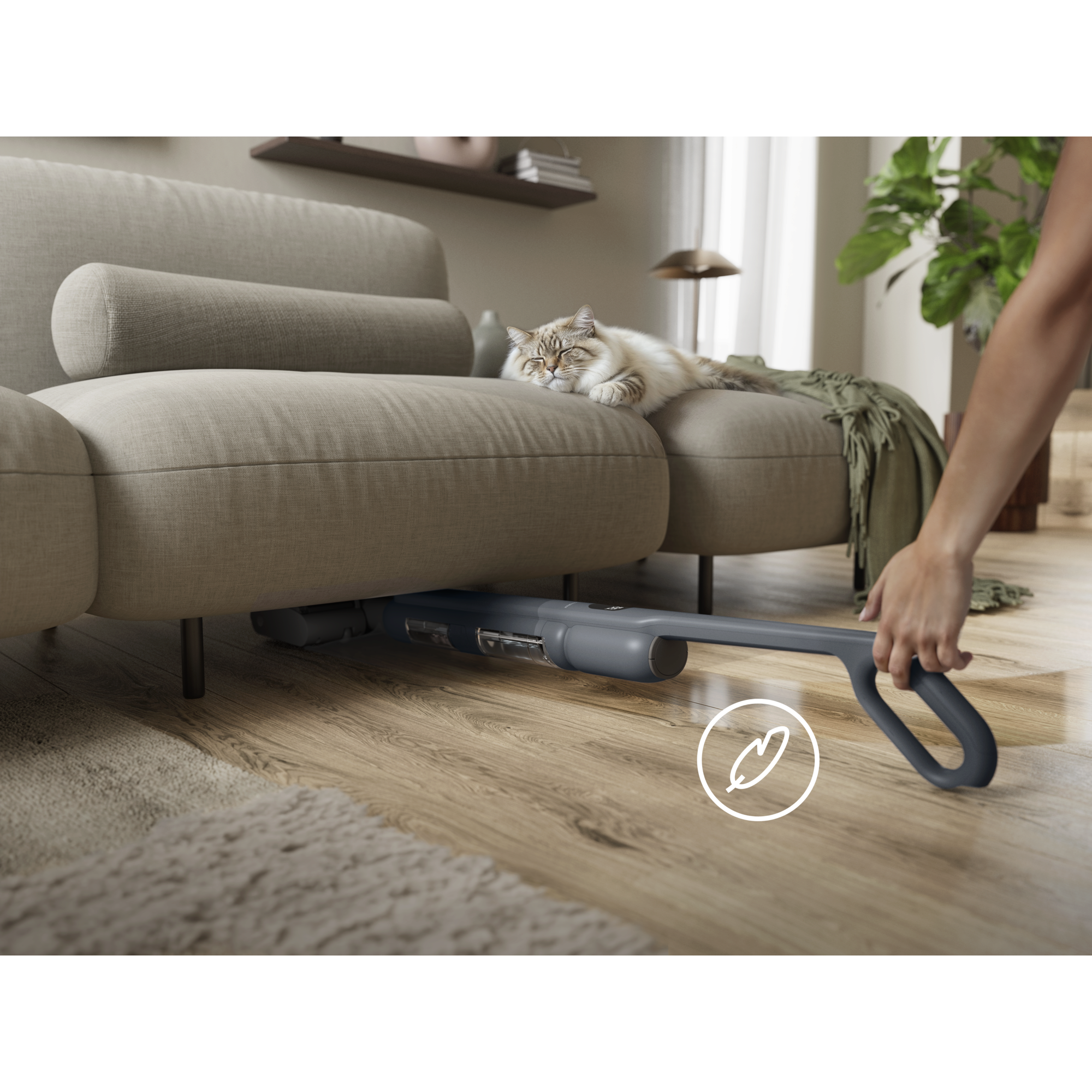 The smart design enables 180° flat cleaning and maneuverability to easily reach corners and glide under low furniture.
 this wet cleaner is at just 950g in hand. It is whisper-quiet at 68dB operation—no louder than a conversation