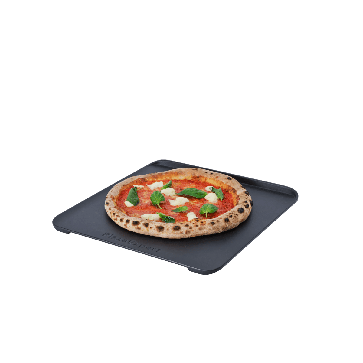 A classic Neapolitan Margherita pizza on the Pizza Expert cast iron tray
