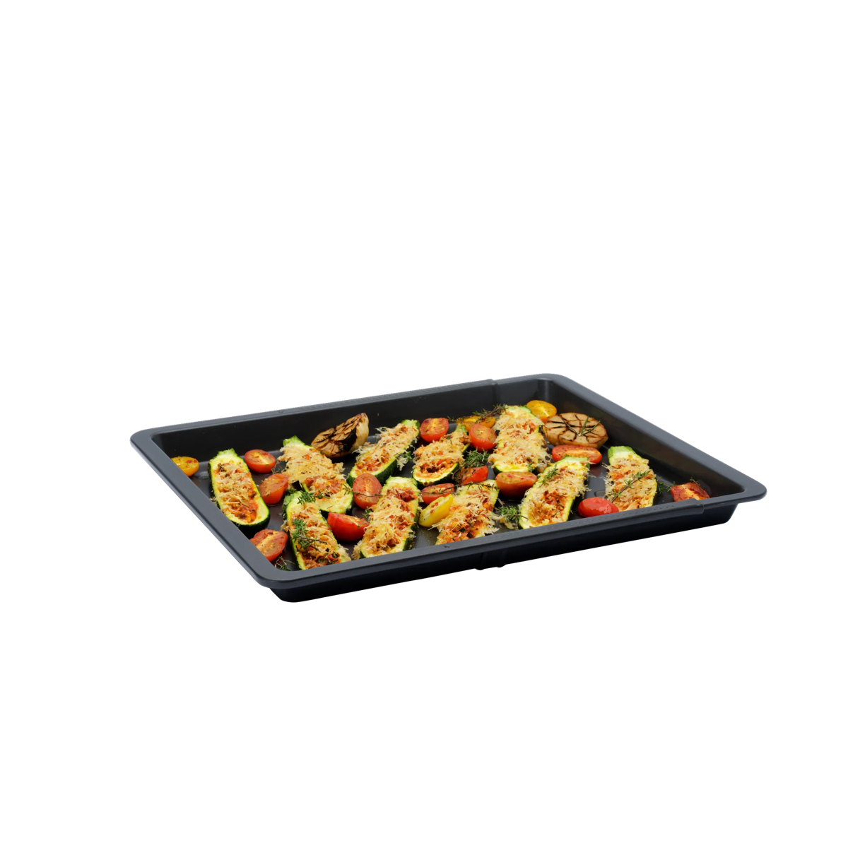 Product in use, stuff and roasted courgette on the tray