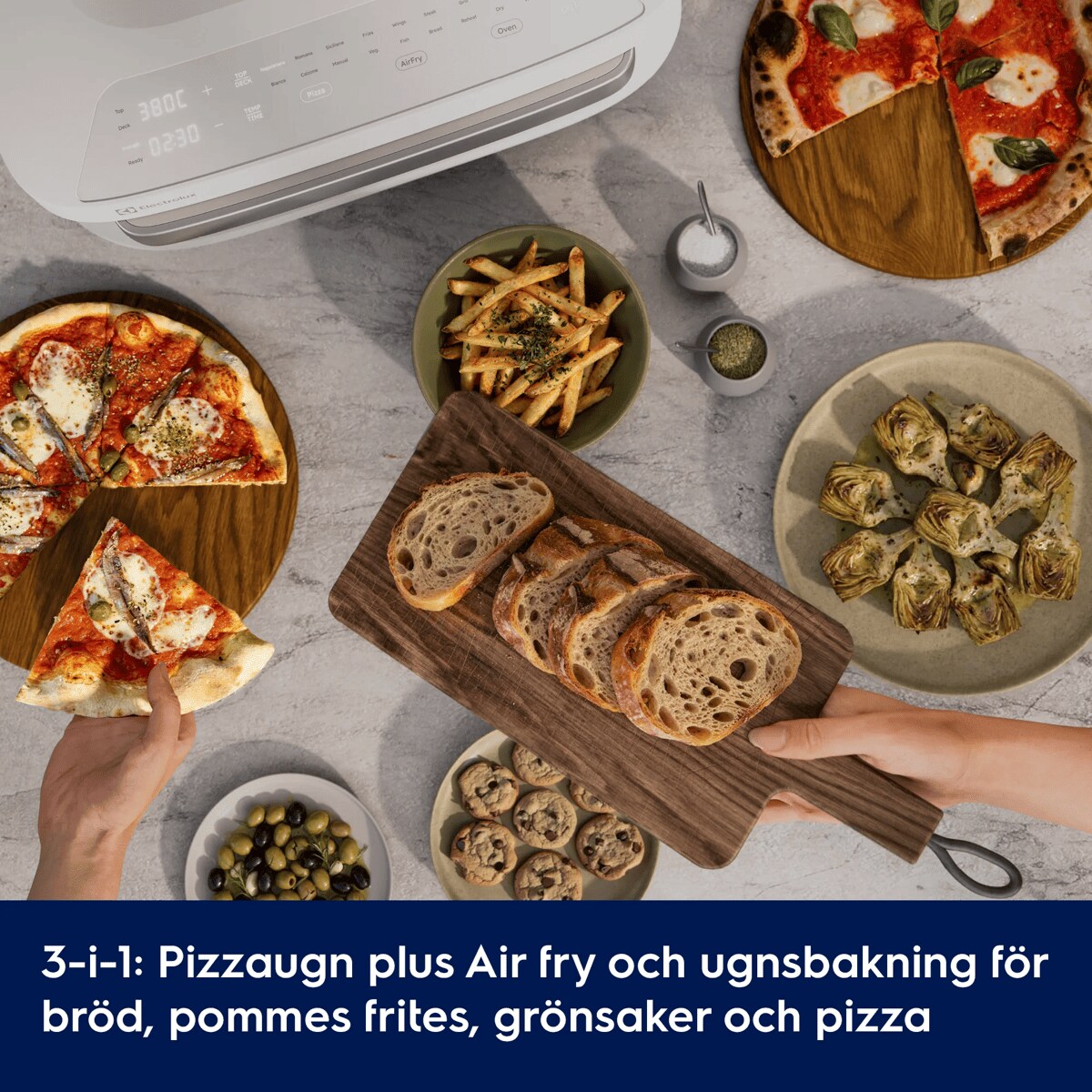3-i-1: Pizzaugn plus Air fry och ugnsbakning för bröd, pommes frites, grönsaker och pizza