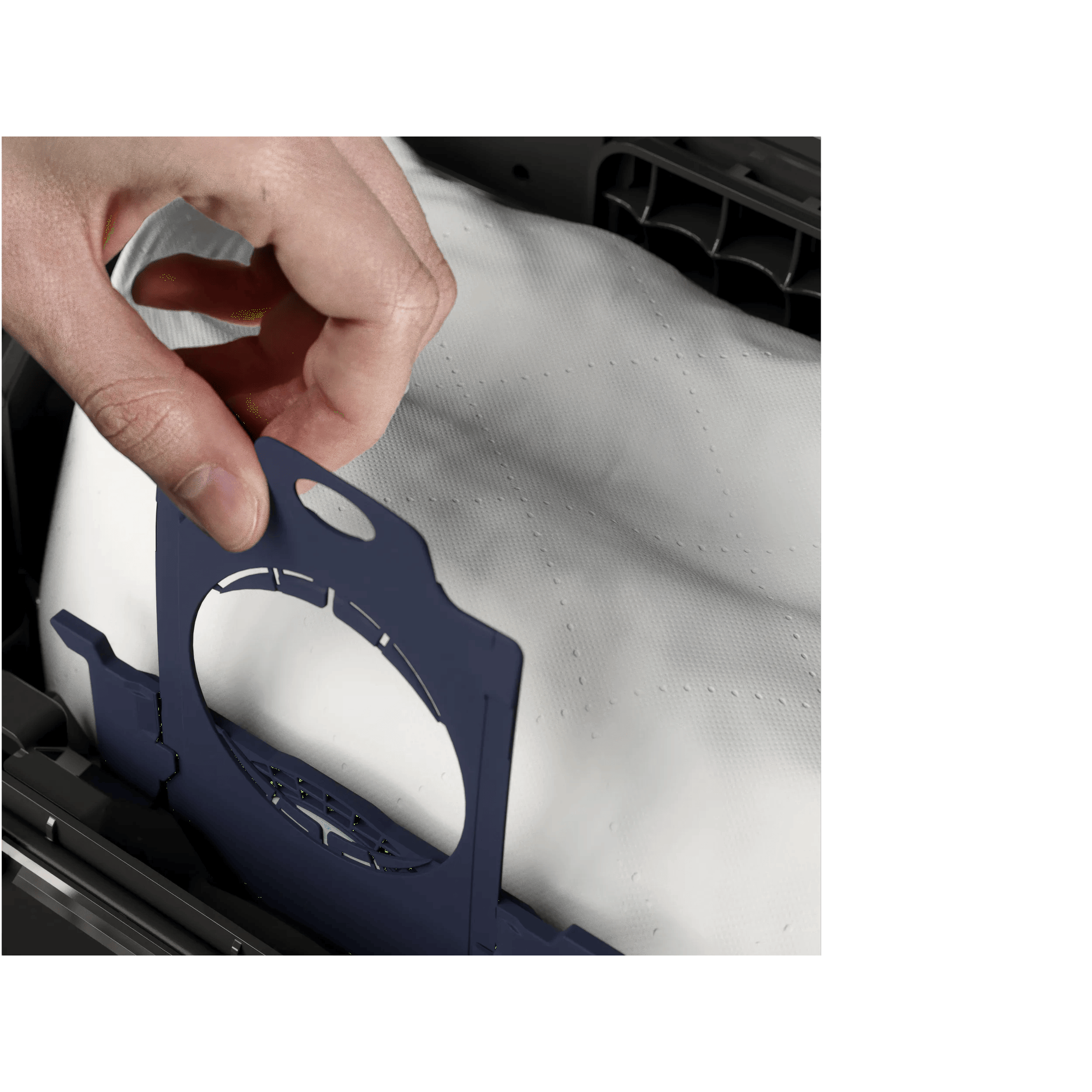 Showing the easy bag exchange. hand changing the s-bag in vacuum cleaner.