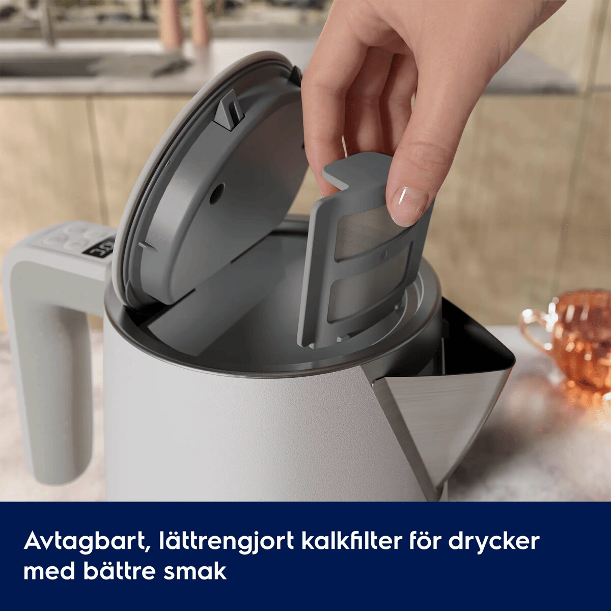 Avtagbart, lättrengjort kalkfilter för drycker med bättre smak.