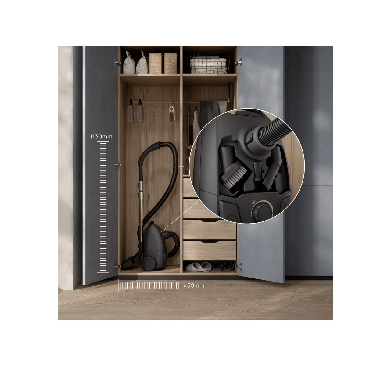 Compact design that’s easy to store, with on-board accessories kept within reach.
