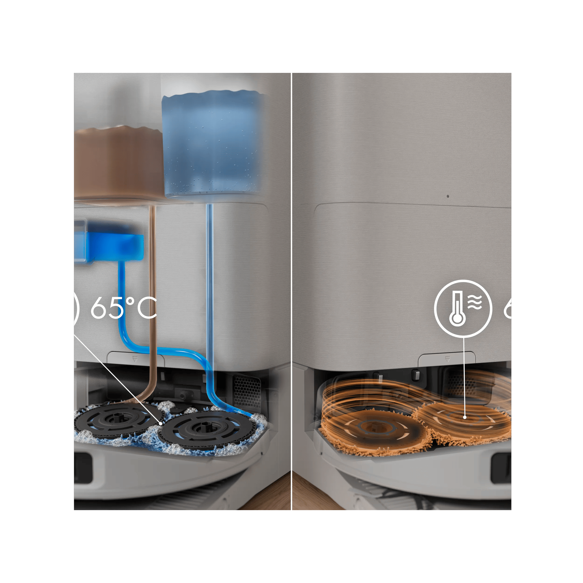 Self-cleaning system uses hot water, hot air and detergent