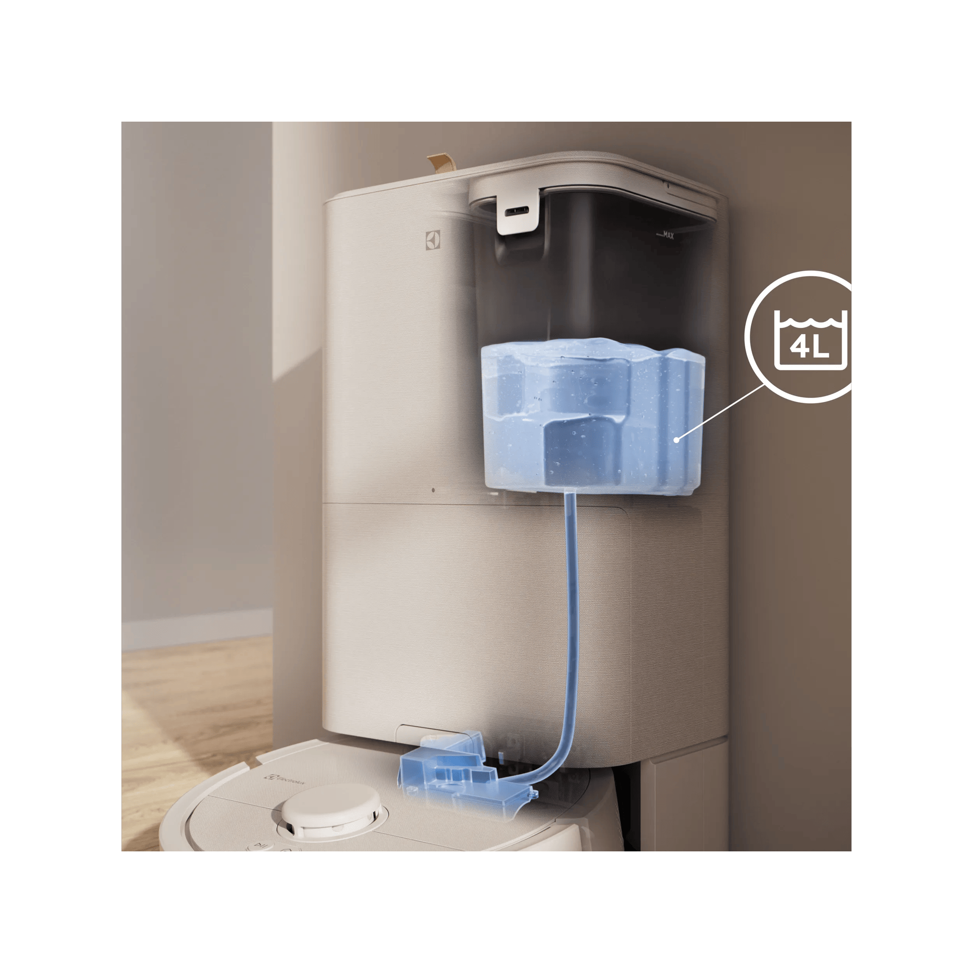 4L tank automatically refills water in the robot after each cleaning session. 