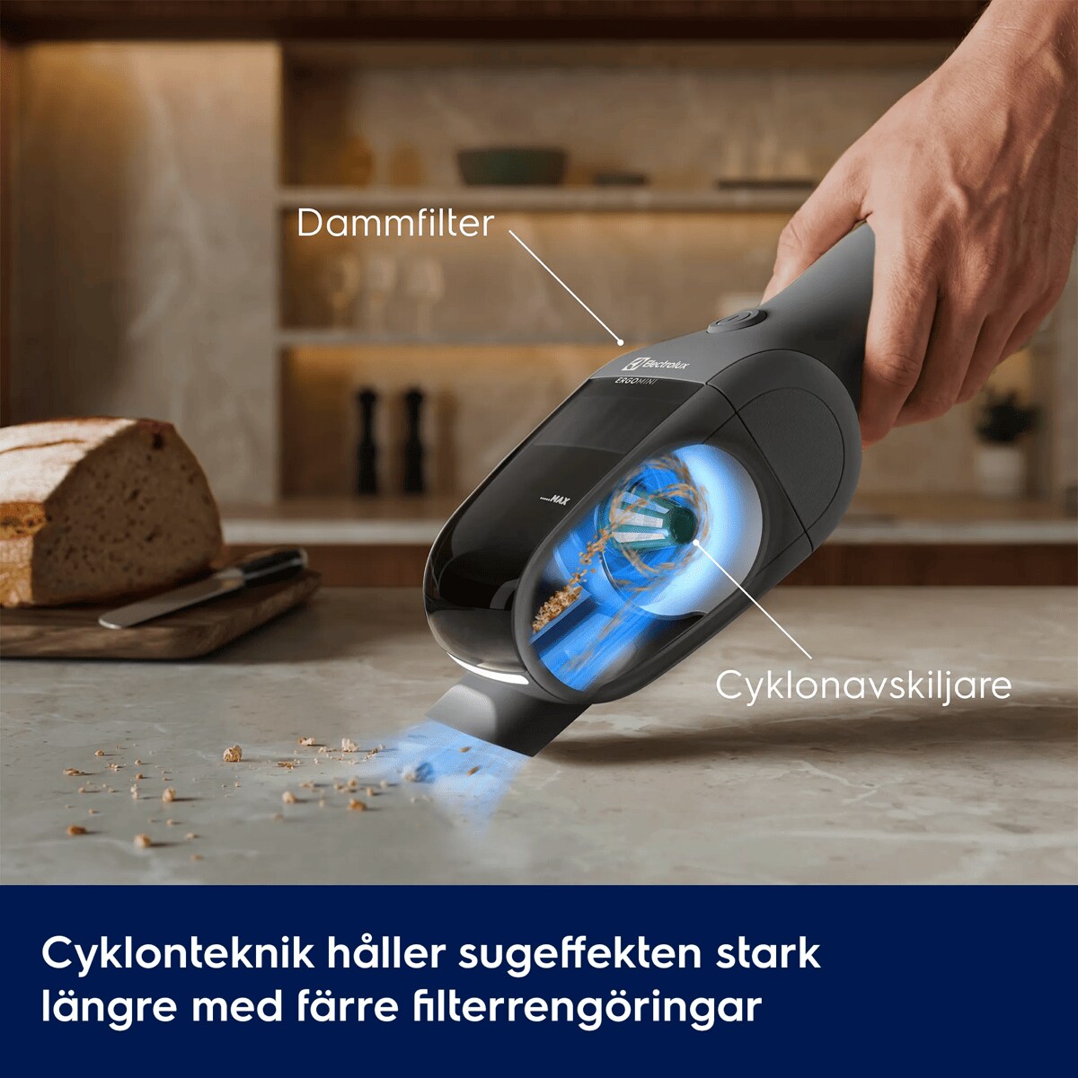 Cyklonteknik håller sugeffekten stark längre med färre filterrengöringar      Dammfilter Cyklonavskiljare