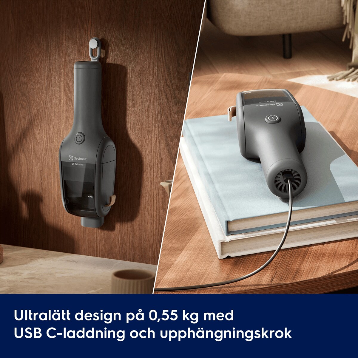 Ultralätt design på 0,55 kg med USB-C-laddning och upphängningskrok