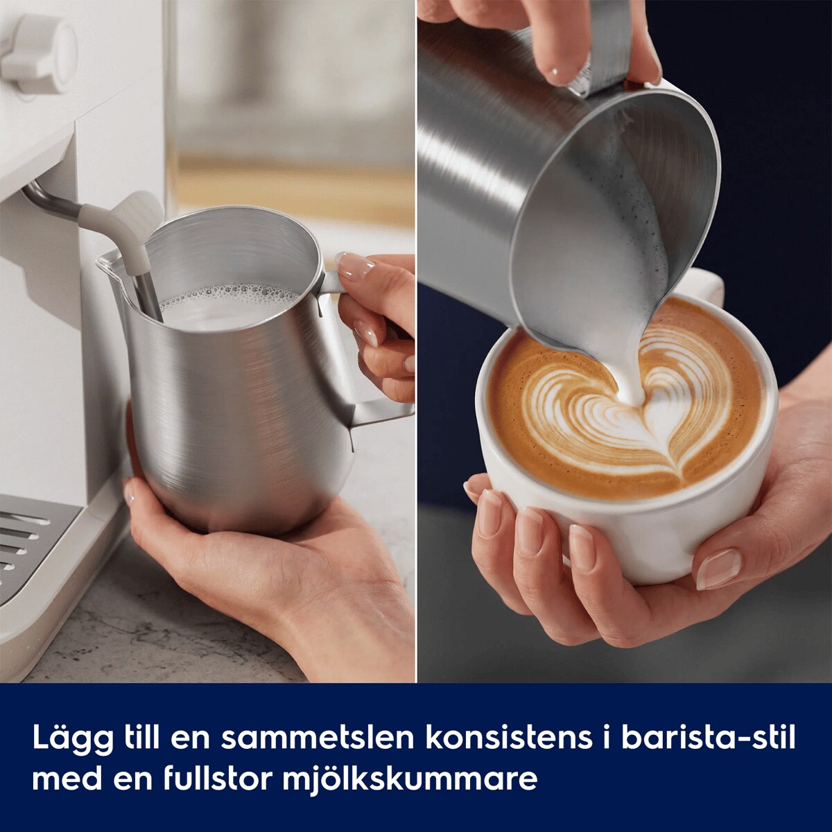 Lägg till en sammetslen konsistens i barista-stil med en fullstor mjölkskummare