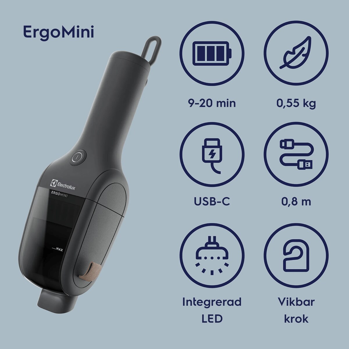 ErgoMini 9-20 min USB-C Integrerad LED 0,55 kg 0,8 m Vikbar krok