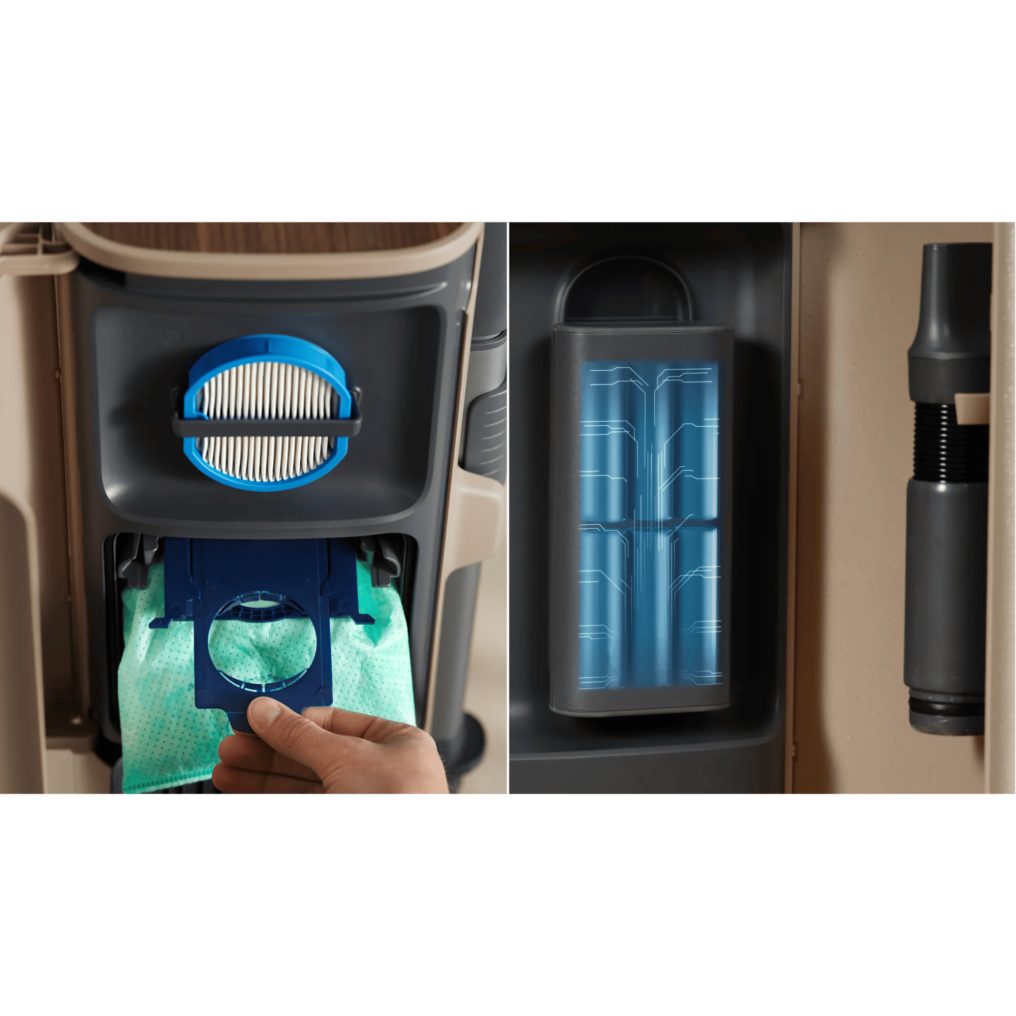 All -in-1 Station - stores extra battery charging, filter and hose for filter cleaning 