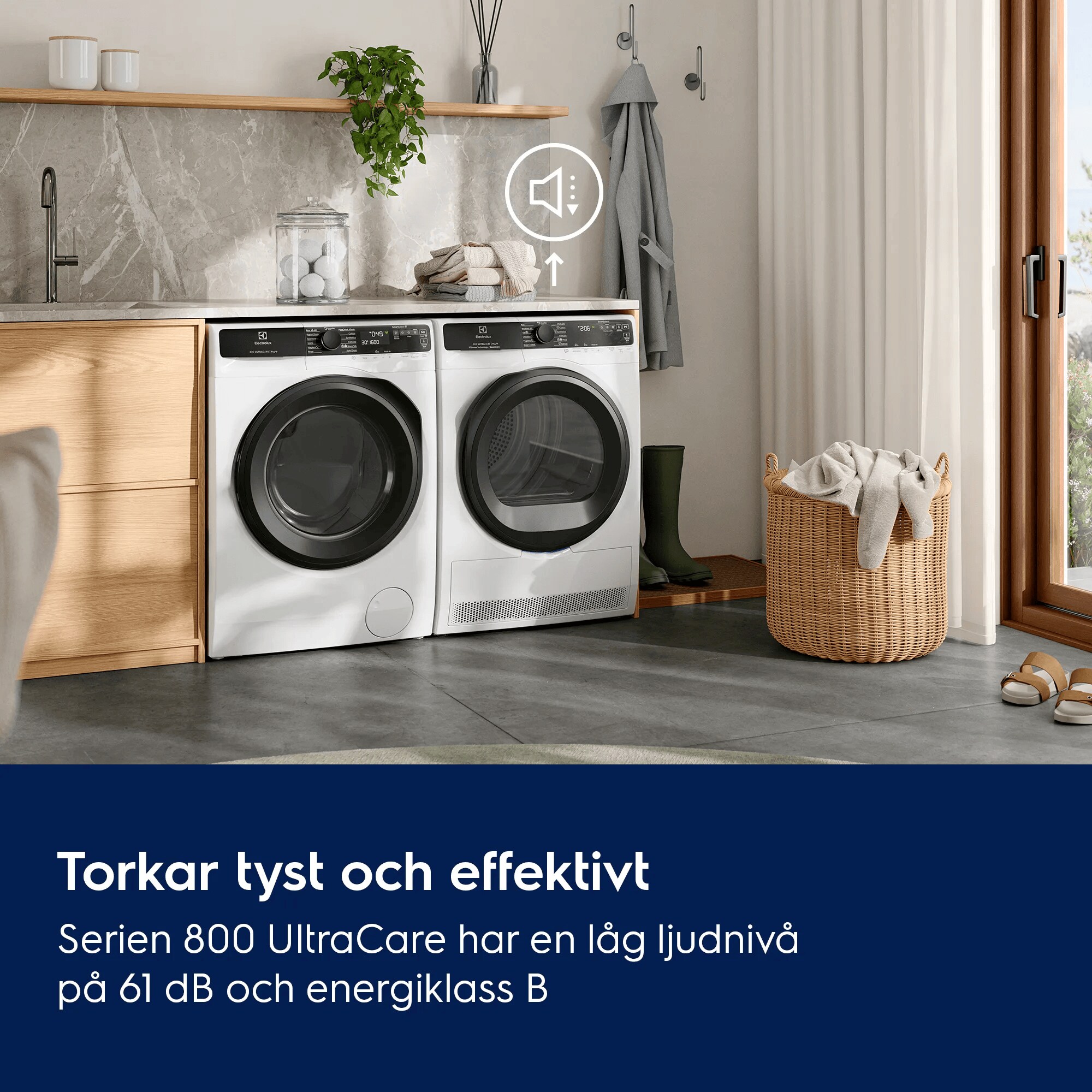 Torkar tyst och effektivt Serien 800 UltraCare har en låg ljudnivå på 61 dB och energiklass B           