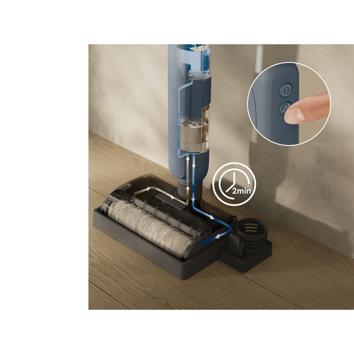 After use, the automatic self-cleaning refreshes the brush roll with clean water in just 2 minutes