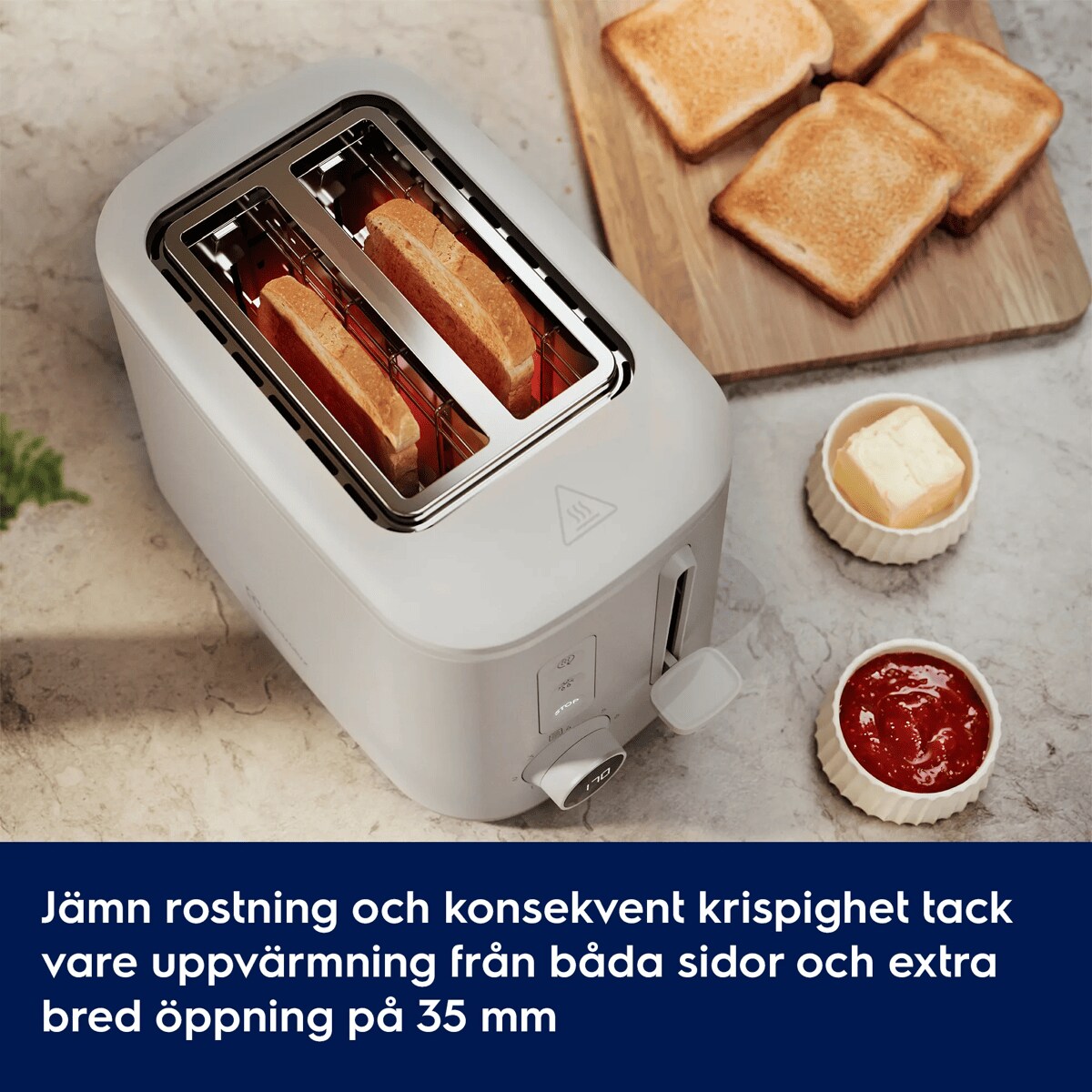 Jämn rostning och konsekvent krispighet tack vare uppvärmning från båda sidor och extra bred öppning på 35 mm