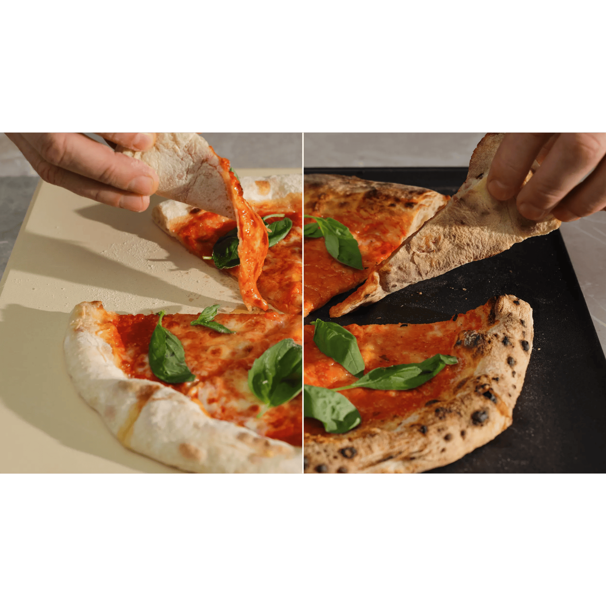 Two different pizzas shown with different results baked on different trays