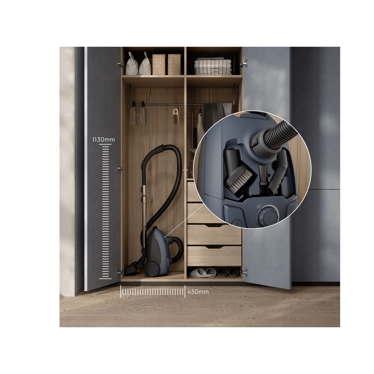 Compact design that’s easy to store, with on-board accessories kept within reach.