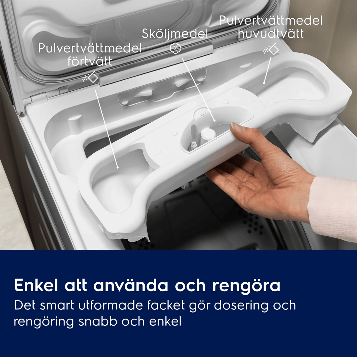 Enkel att använda och rengöra Det smart utformade facket gör dosering och rengöring snabb och enkel     Pulvertvättmedel förtvätt Sköljmedel Pulvertvättmedel huvudtvätt
