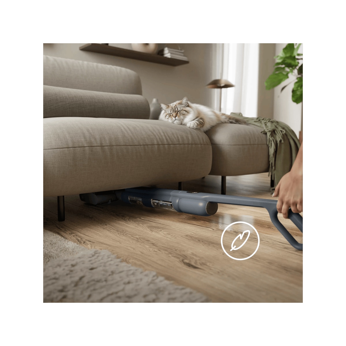 The smart design enables 180° flat cleaning and maneuverability to easily reach corners and glide under low furniture.
 this wet cleaner is at just 950g in hand. It is whisper-quiet at 68dB operation—no louder than a conversation