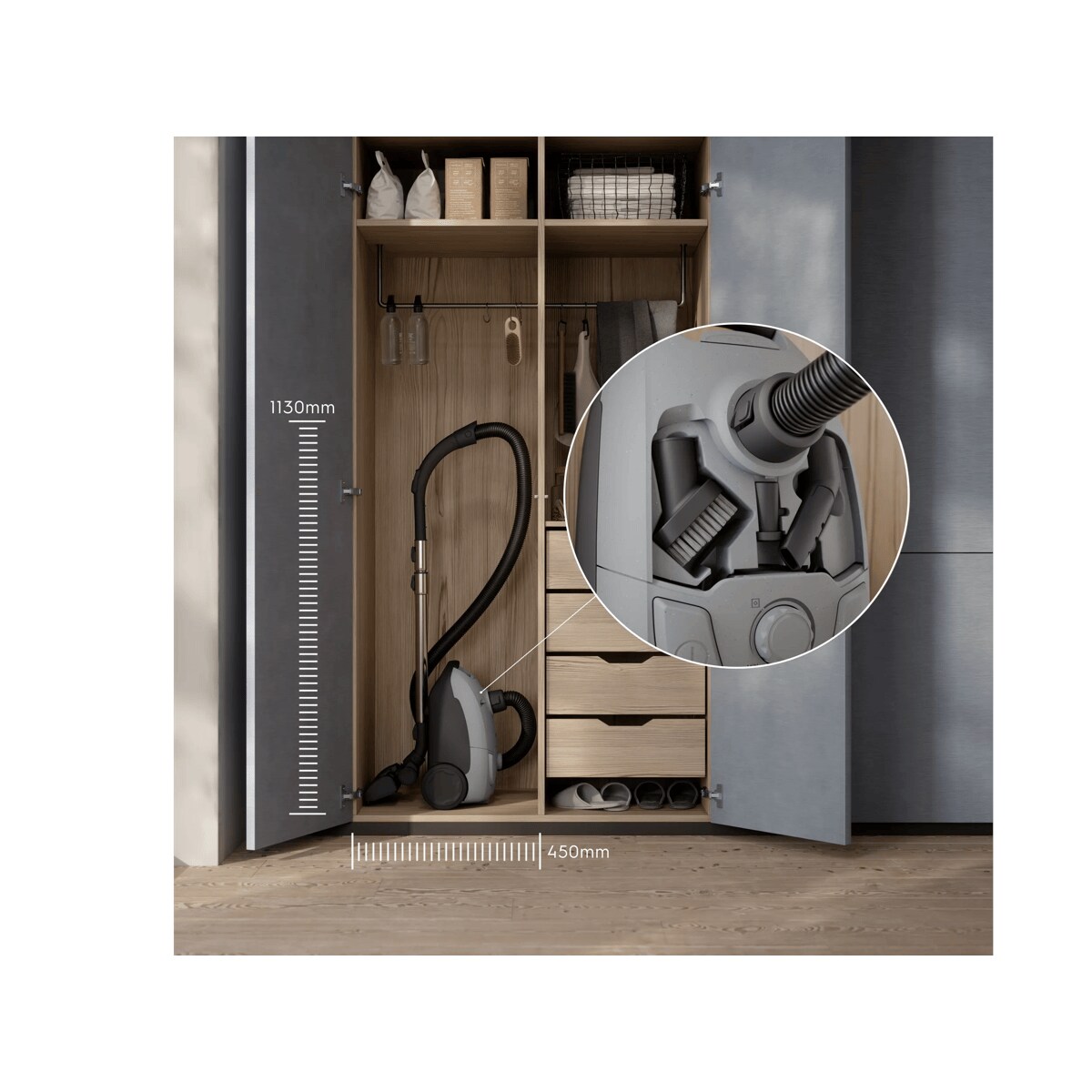 Compact design that’s easy to store, with on-board accessories kept within reach.