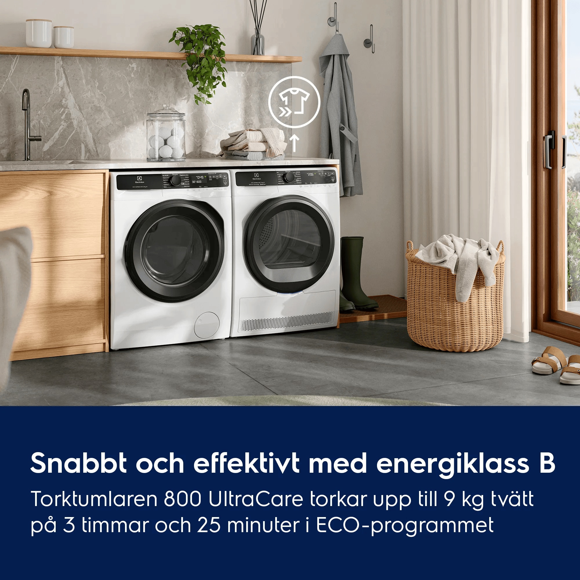 Snabbt och effektivt med energiklass B Torktumlaren 800 UltraCare torkar upp till 9 kg tvätt på 3 timmar och 25 minuter i ECO-programmet           