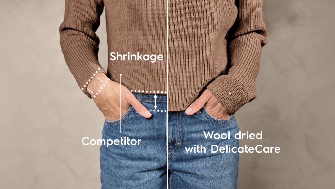 Närbild på en kvinna i en beige tröja och jeans.