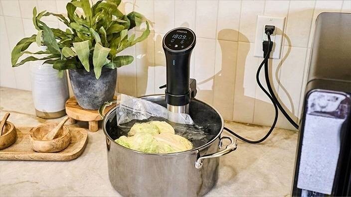 Sous vide-stav i kastrull med vatten och vakuumpåse