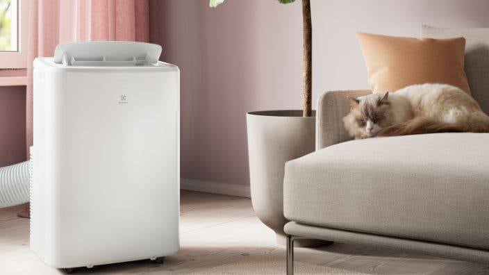 En AC står och kyler ner ett vardagsrum. I soffan ligger en katt och trivs i den svalkande miljön.